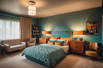 a peaceful bedroom interior with a large window showcasing a natural landscape.