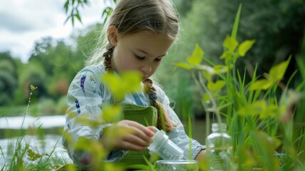 A young girl happily explores a river with a magnifying glass, observing plants, water, and grass in the natural landscape while surrounded by people enjoying leisure activities in the meadow AIG50
