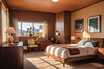 a peaceful bedroom interior with a large window showcasing a natural landscape.