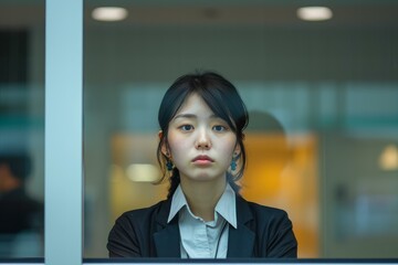 Focused young woman in business attire looking through a glass window