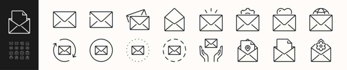 Message and letter line icons set. Mail, note, document, writing, communication sign or symbol. Isolated on a white background. Pixel perfect. Editable stroke. 64x64.