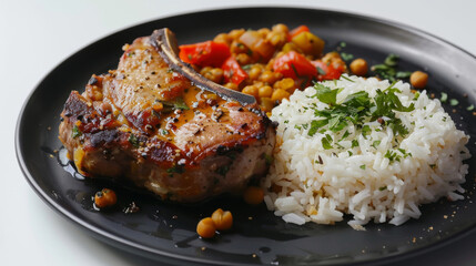 Succulent ecuadorian-style pork chop served with white rice, corn, and tomato salad on a black plate, garnished with fresh parsley