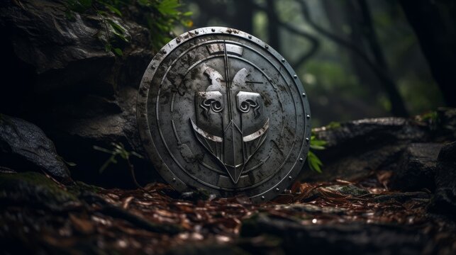 Ancient Spartan shield in ruins lambda