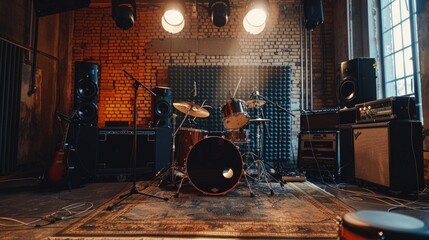 Photo of well-equipped music studio with drum kit and powerful speakers.  