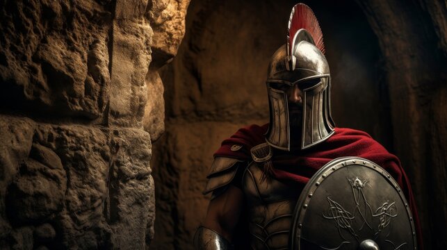 Spartan warrior guards crypt entrance with lambda shield secrets of past