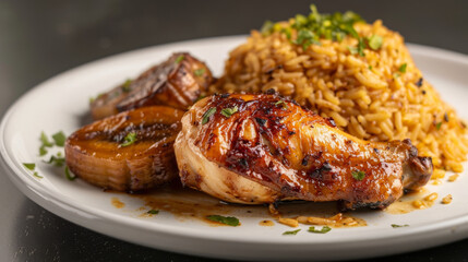 Savory grilled chicken thigh and herb-infused rice from ecuador, elegantly presented on a white plate