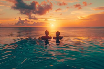 silhouette of a couple on a infinity pool enjoying the sunset at near the sea