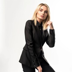 A Blonde Woman Exudes Sophistication In A Sleek Black Suit, Posing Confidently In A Studio Setting, Illustrations Images