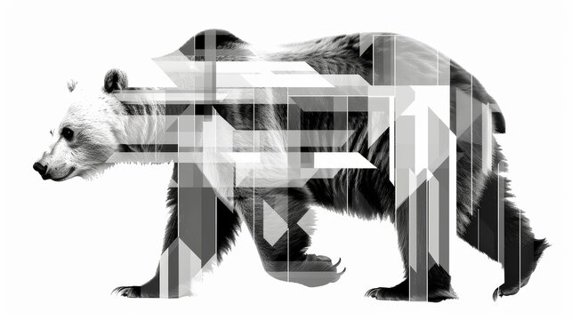 A bold, abstract design of a bear made from squares and rectangles, using a monochrome palette to emphasize its powerful form and presence