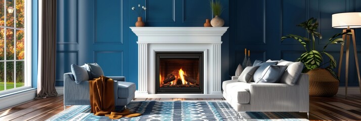 Warm hearthside haven with chic blue wall backdrop