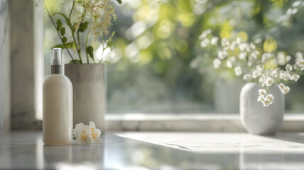 Chic Marble Vanity: Aesthetic Arrangement of Bottles, Flowers, and Sunlight in White-themed Bathroom