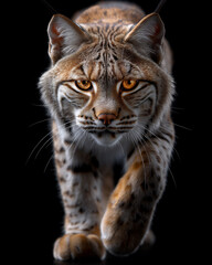 Obraz premium A wild eurasian lynx on dark black background