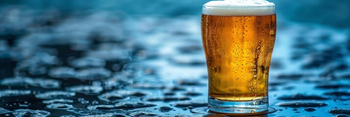 Close up of beer glass with frothy foam and water droplets, stock photography shot