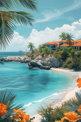 Tropical Beach Painting With Orange Flowers