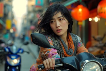 Expressive portrait of a young woman riding a scooter on a bustling city street adorned with...