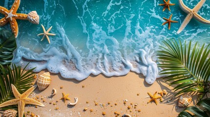 Starfish, Shells, and Palm Leaves on Blue Background