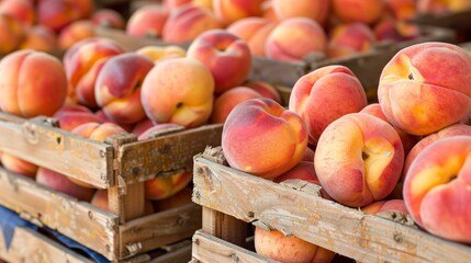 Sunlit peach harvest  ripe peaches in orchard storage, embodying vibrant summer fruit theme