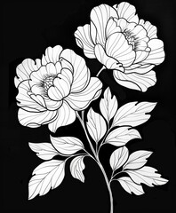art tattoo design of two peonies with leaves, simple line work with thick and thin lines, one color on white paper against a flat black background, in the style of one color on white paper. --ar 5:6