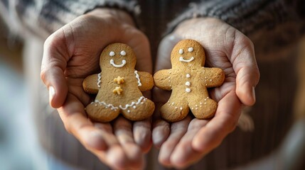 Man's hands holding two different Gingerbread Men, close-up.  