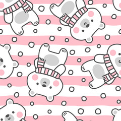 Cute kids hand drawn doodle polar bear with pastel pink scarf on a stripes girly texture background. Kawaii animals seamless pattern