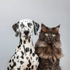 A Dalmatian Dog And A Norwegian Forest Cat Share The Frame, Each Displaying Their Unique Charm, Illustrations Images