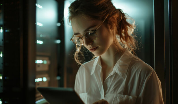 Woman, engineering or tablet in server room as data center, system solution or electrician for inspection. Night, software analysis or female developer for IT problem solving, cybersecurity or result