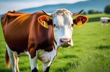 Red cow grazing on a green meadow
