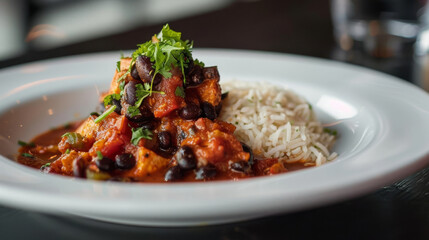 Fototapeta premium Delicious traditional ecuadorian bean stew and white rice with fresh cilantro garnish, served in an elegant dining setting
