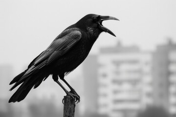 Naklejka premium Black Crow Cawing on a Stick. Closeup Shot of Carnivorous Avian in City Setting