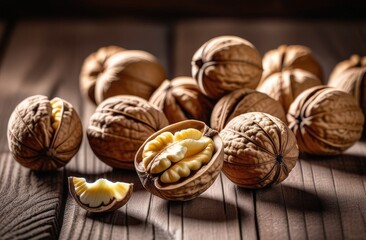 Walnuts on a wooden background in rustic style, close-up, healthy eating concept