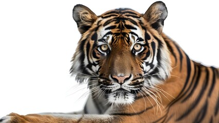 Fototapeta premium Solitary adult tiger staring intensely on a white background. Concept Wildlife Portraits, Tiger Photography, Intense Gaze, Solitude, White Background