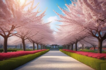 Blooming sakura garden cityscape