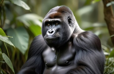 Mountain gorilla in natural habitat close-up