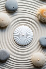 Tranquil zen rock garden with intricate circular designs on white sand, serene top down view