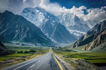 Beautiful Highway Landscape - Traveling the Asphalt Highway amidst Blue Mountains