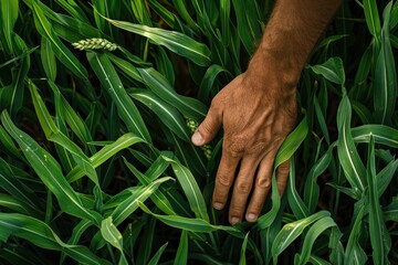 A hand is touching a green plant. The plant is tall and has a lot of leaves