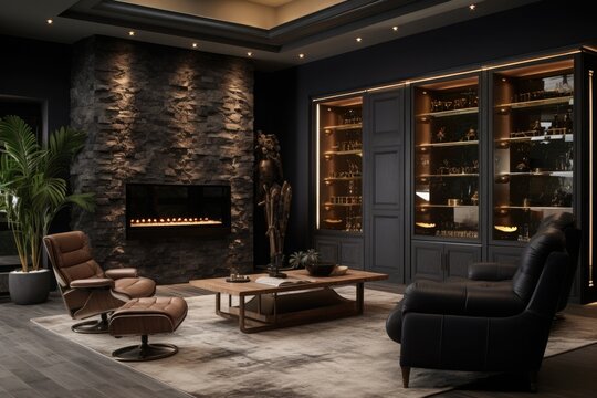 a modern masculine study room. black sofa, dark walls and lighting. luxury interior of a men's office.