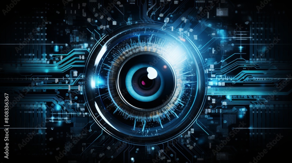 Poster cybernetic vision hacker or ai robot eye in dark technological environment on digital background