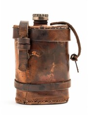 Antique Leather Flask Used in Military Units for Powder and Water. Old Brown Flask over White - obrazy, fototapety, plakaty
