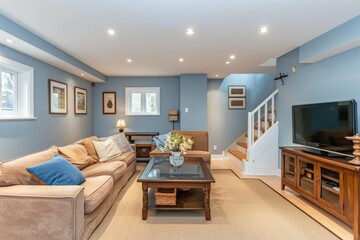 Beautiful Basement Living Room Interior with Pastel Blue Walls - Furnished Family Room with Bright