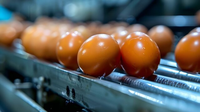 Eggs on a conveyor belt at a poultry farm during the production process. Concept Egg production, Conveyor belt, Poultry farm, Agriculture, Farming industry