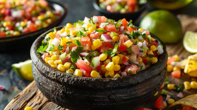 Sweet corn salsa with mixed diced vegetables pepper tomato onion lime