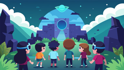 A group of kids from a small town gather around with virtual reality headsets as a shimmering portal appears transporting them to an ancient inca ruin. Vector illustration