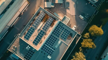 High angle view of solar panels on roof.  