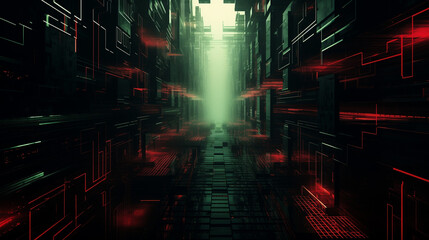 Fototapeta premium Futuristic cyberpunk cityscape with lights and abstract data structures for electronic music, covers, games, screensaver, advanced technologies and virtual reality