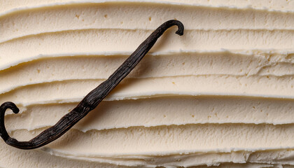 Gros plan sur de la cr&egrave;me glac&eacute;e, texture cr&eacute;meuse d&rsquo;une glace vanille, avec une gousse de vanille