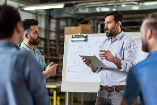 AI Image. Supervisor standing by a whiteboard and discussing with colleagues - Powered by Adobe