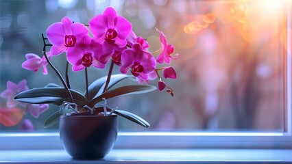 Phalaenopsis orchid in a pot with blooming flowers on a windowsill for home decoration. Concept...