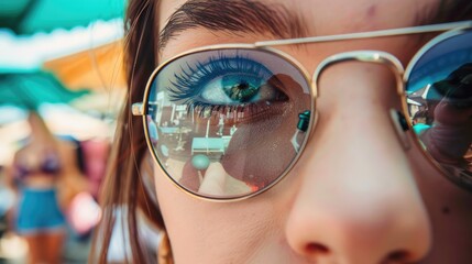 A closeup shot of a person wearing glasses with a reflection of another person in the lenses, showcasing the importance of vision care and eye glass accessories AIG50