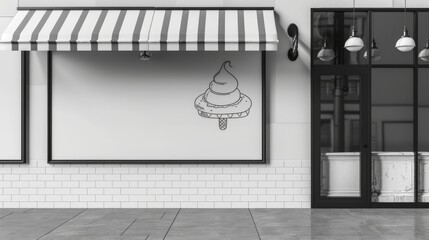 Blank ice cream shop signage sign design mockup isolated. Signboard for logo presentation. Street hanging mounted on the wall, Clear shop template, black and white hyper realistic 